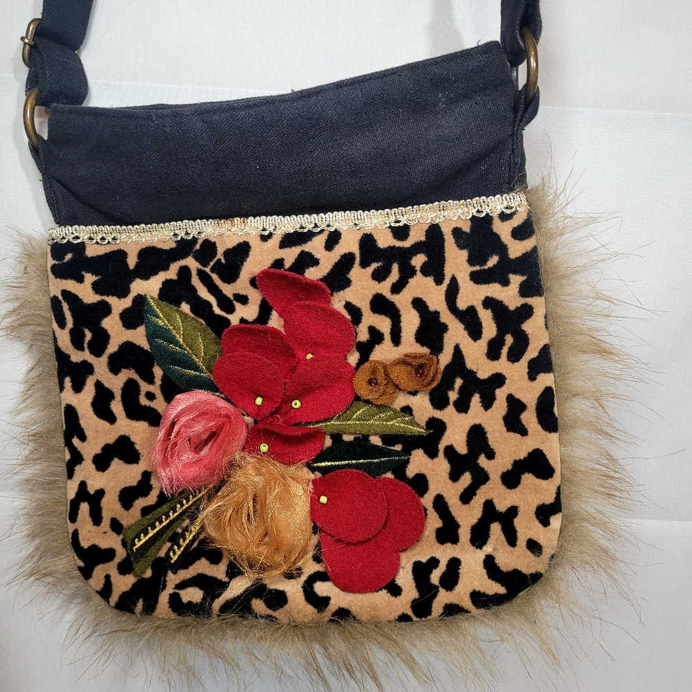 PIER 1 IMPORTS CrossBody Purse Black/Brown Cheetah Red Pink Boho Flower look